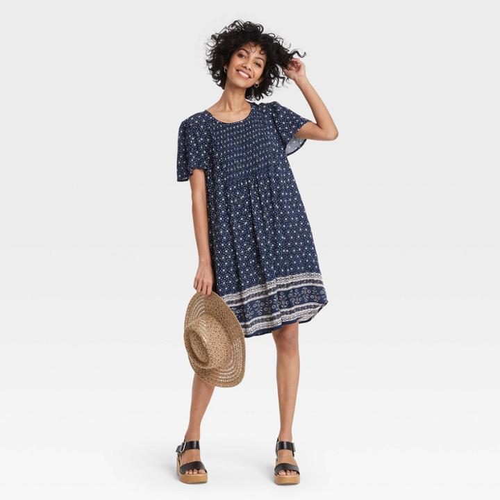 Women's Printed Short Sleeve Smocked Front Dress - Knox Rose Navy