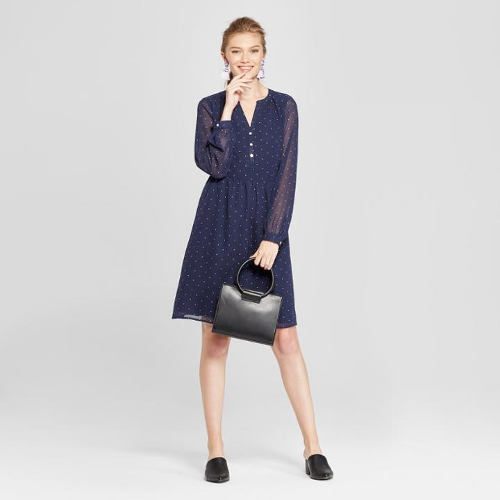 Women's Polka Dot Long Sleeve Chiffon Dress - A New Day Navy