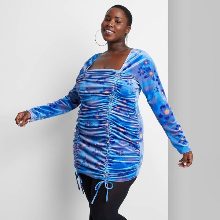 Women's Plus Size Long Sleeve Ruched Velvet Bodycon Dress - Wild Fable Blue Floral