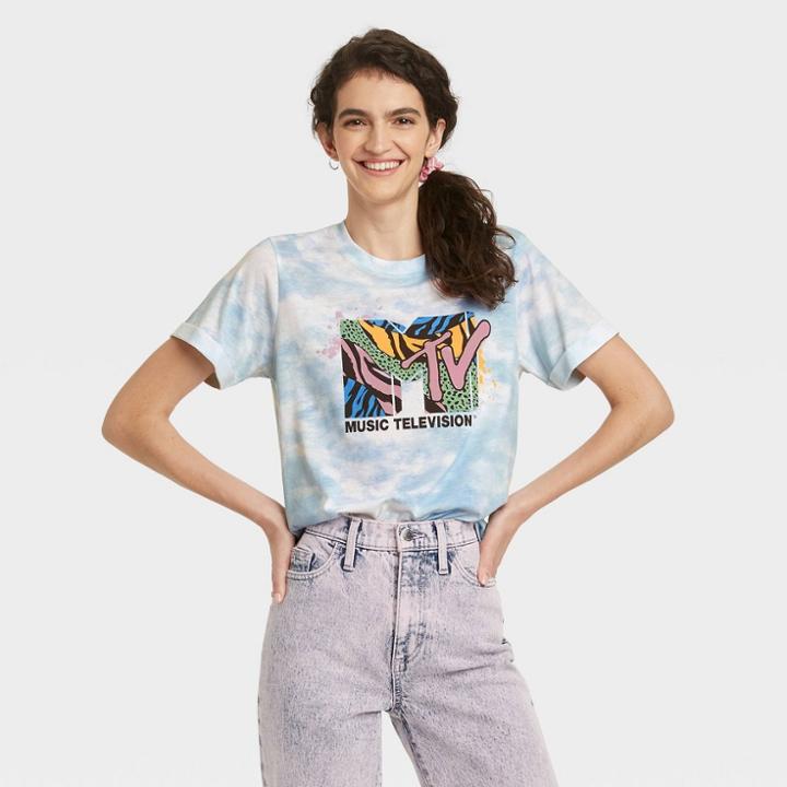 Women's Mtv Animal Print Logo Short Sleeve Graphic T-shirt - Blue Tie-dye