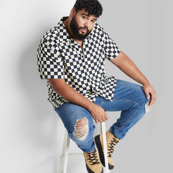 Adult Extended Size Short Sleeve Woven Button-down Shirt - Original Use Cream/checked Print