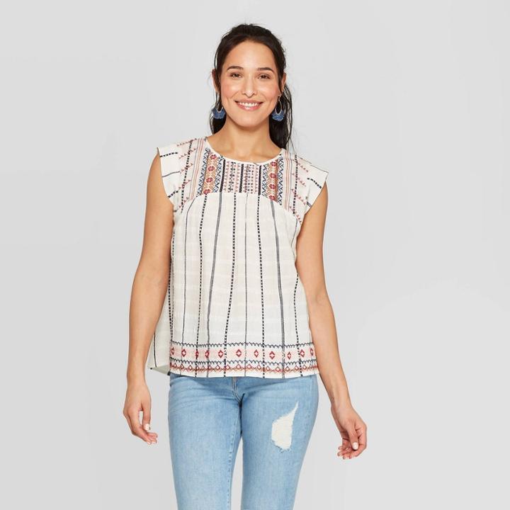 Women's Striped Cap Sleeve Round Neck Blouse - Knox Rose White