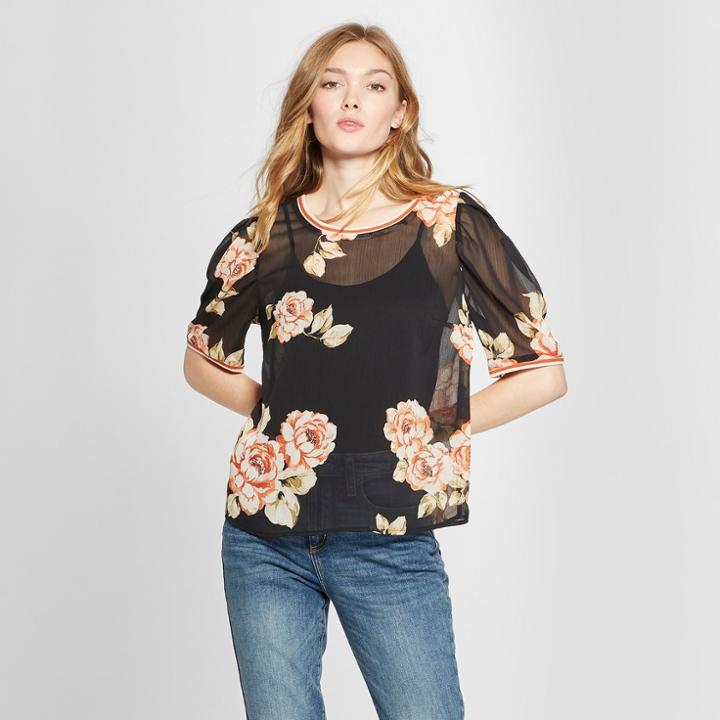 Women's Floral Print Short Sleeve Woven T-shirt - A New Day Black
