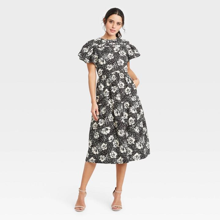 Women's Floral Print Flutter Short Sleeve A-line Dress - Who What Wear Black /white