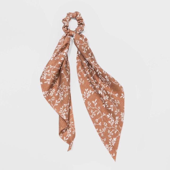 Chiffon Fabric Twister With Floral Print & Tails Hair Elastics - Universal Thread Brown, Women's