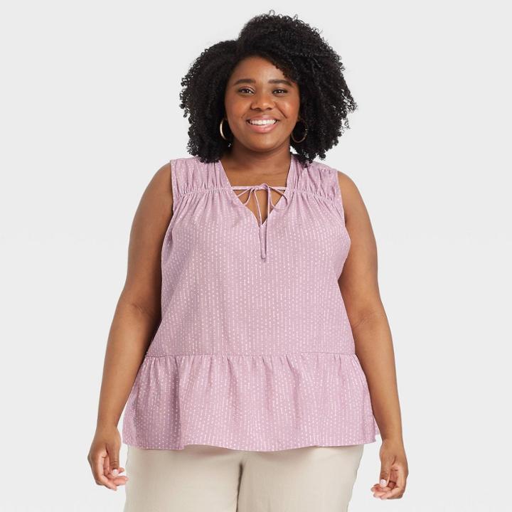 Women's Plus Size Ikat Print Sleeveless Smocked V-neck Top - A New Day Purple
