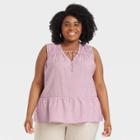 Women's Plus Size Ikat Print Sleeveless Smocked V-neck Top - A New Day Purple