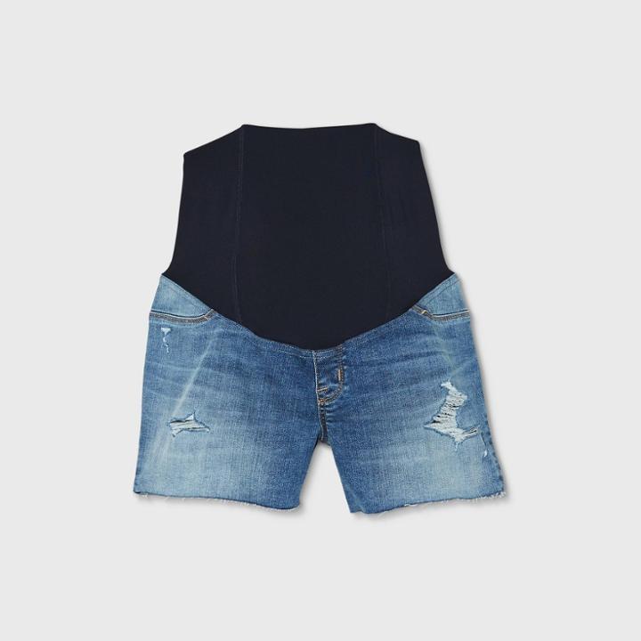 Maternity Crossover Panel Destruction Midi Jean Shorts - Isabel Maternity By Ingrid & Isabel Medium Denim Wash