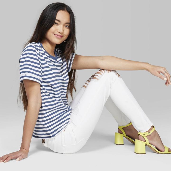 Women's Striped Short Sleeve Crewneck Ringer Boxy T-shirt - Wild Fable Muted Blue/white