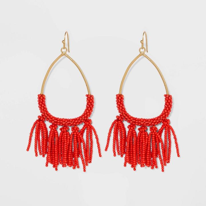 Mini Seed Beaded Tassel And Teardrop Earrings - A New Day Coral Red, Women's