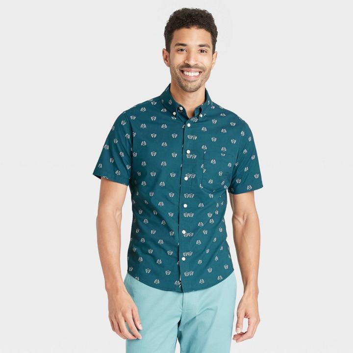 Men's Printed Slim Fit Stretch Poplin Short Sleeve Button-down Shirt - Goodfellow & Co Teal/shapes