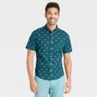 Men's Printed Slim Fit Stretch Poplin Short Sleeve Button-down Shirt - Goodfellow & Co Teal/shapes