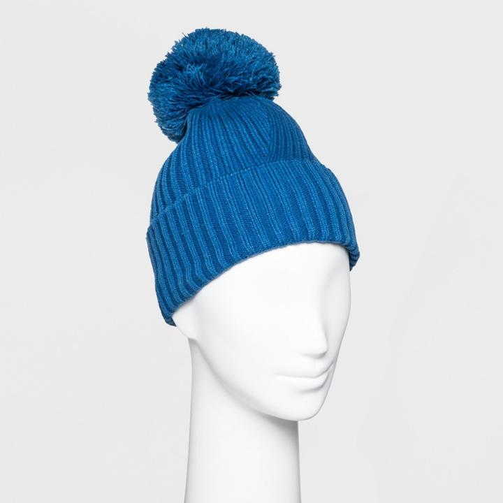 Women's Ribbed Cuff Pom Beanie - A New Day Blue