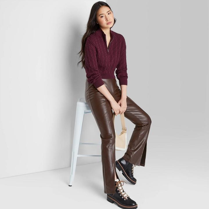 Women's High Neck Cable Knit Quarter Zip Pullover Sweater - Wild Fable Dark Violet Xs, Dark Purple