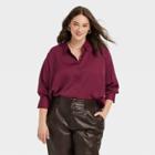 Women's Plus Size Long Sleeve Satin Button-down Shirt - A New Day Burgundy