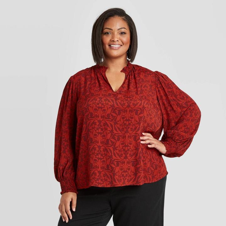 Women's Plus Size Floral Print Long Sleeve Blouse - A New Day Red