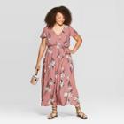 Women's Plus Size Floral Print Short Sleeve V-neck Maxi Wrap Dress - Ava & Viv Mauve X, Purple