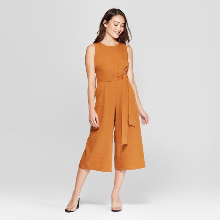 Women's Sleeveless Tie Front Wide Leg Jumpsuit - Le Kate (juniors') Mustard