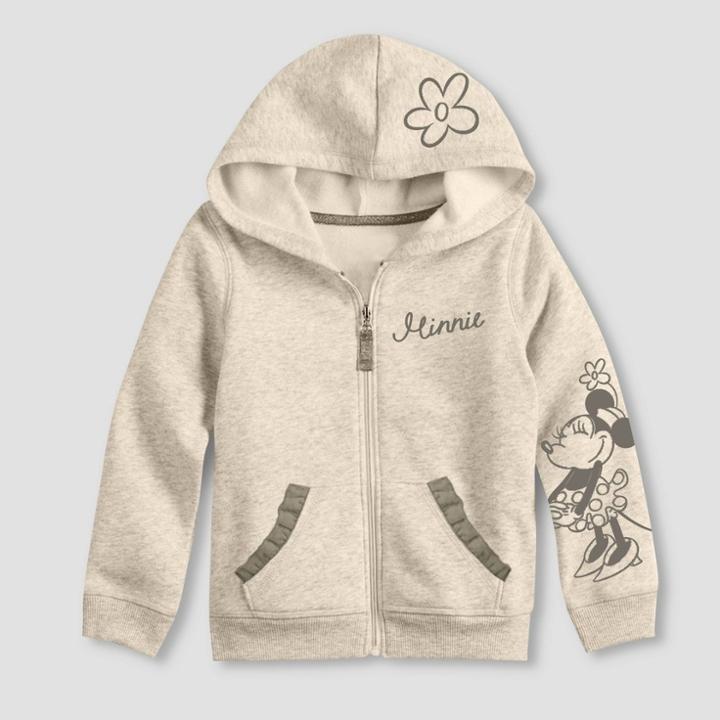 Toddler Girls' Minnie Mouse Hooded Zip-up Sweatshirt - Oatmeal Gray