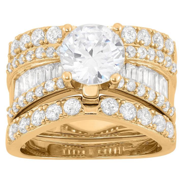 Tiara 3.91 Ct. T.w. 8mm Round-cut Cubic Zirconia With Baguette Side Stones 3-piece Ring Set In 14k Gold Over Silver - (5), Girl's, Yellow