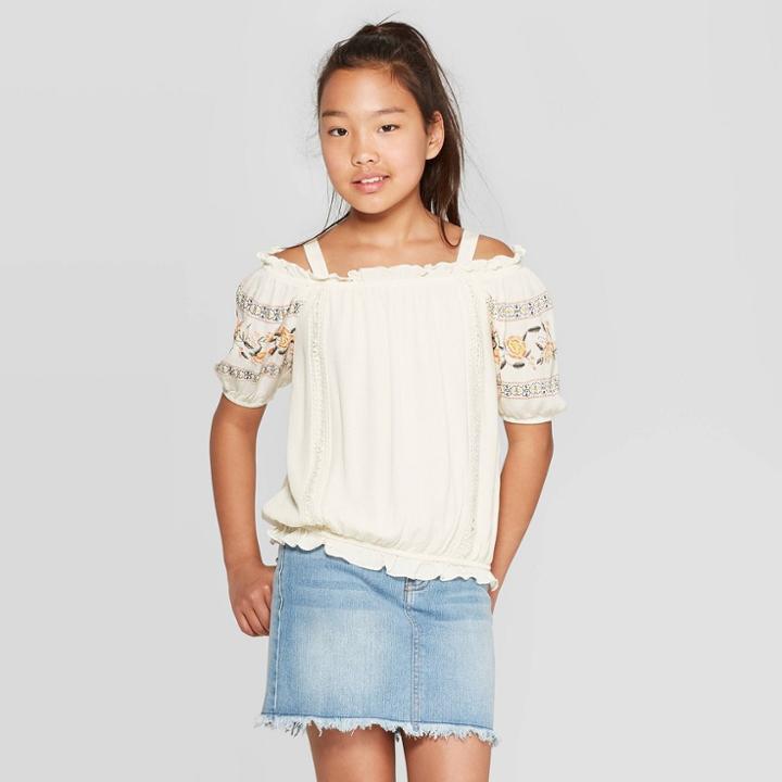Girls' Cold Shoulder Embroidered Top - Art Class Cream Xs