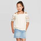 Girls' Cold Shoulder Embroidered Top - Art Class Cream Xs