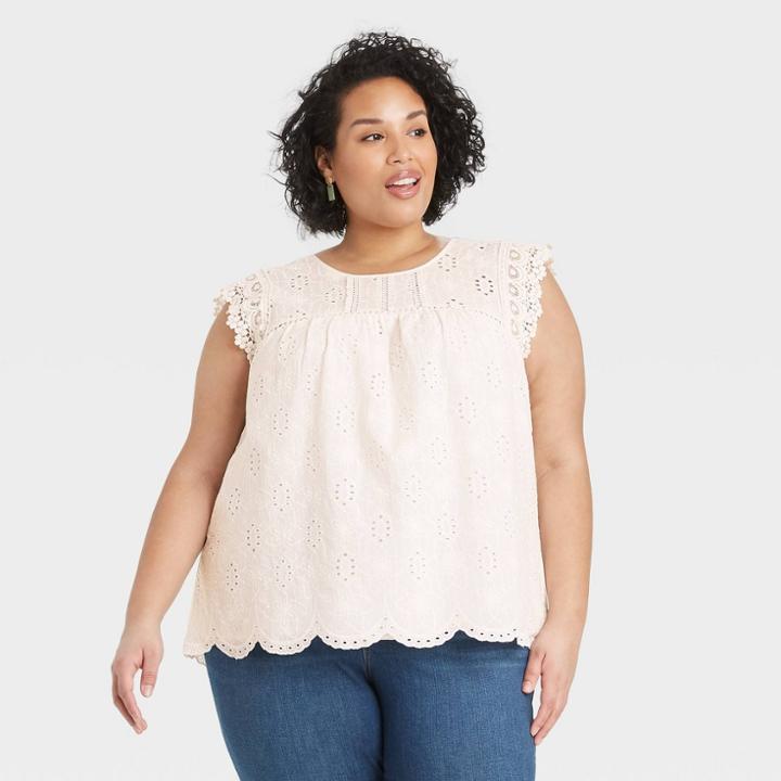 Women's Plus Size Eyelet Tank Top - Knox Rose White