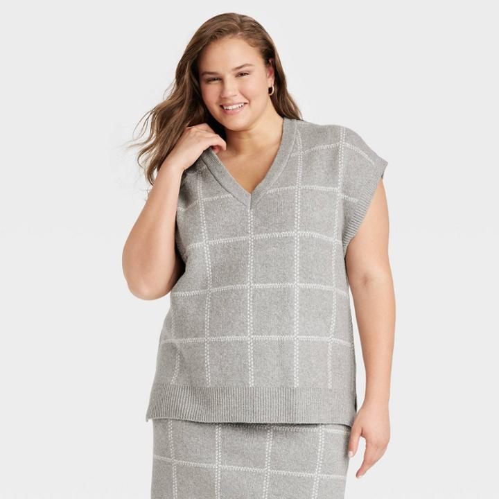 Women's Plus Size V-neck Sweater Vest - A New Day Gray Windowpane