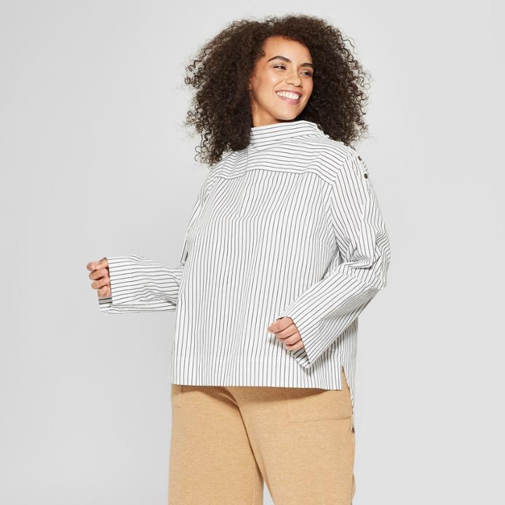 Women's Plus Size Striped Long Sleeve Shoulder Button Popover Blouse - Who What Wear White/black