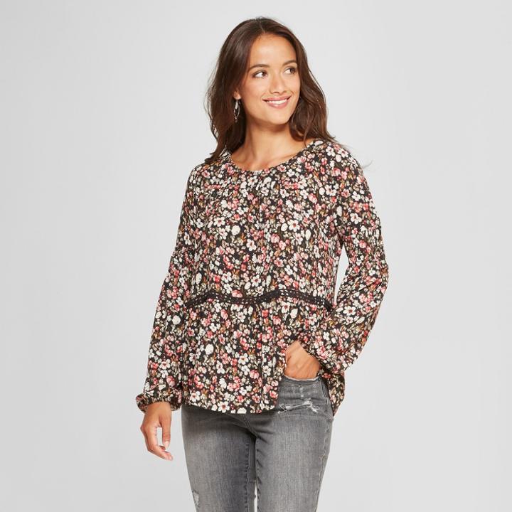 Women's Floral Print Long Sleeve Peasant Top - Knox Rose Black