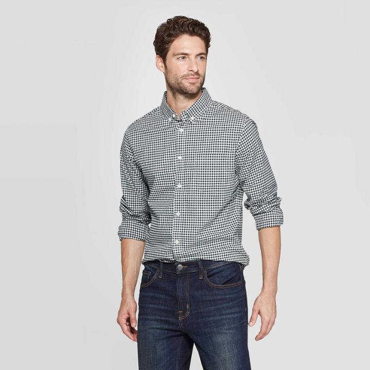 Men's Slim Fit Long Sleeve Northrop Poplin Button-down Shirt - Goodfellow & Co Divine Blue