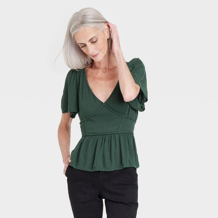 Women's Short Sleeve Embroidered Blouse - Knox Rose Dark Green