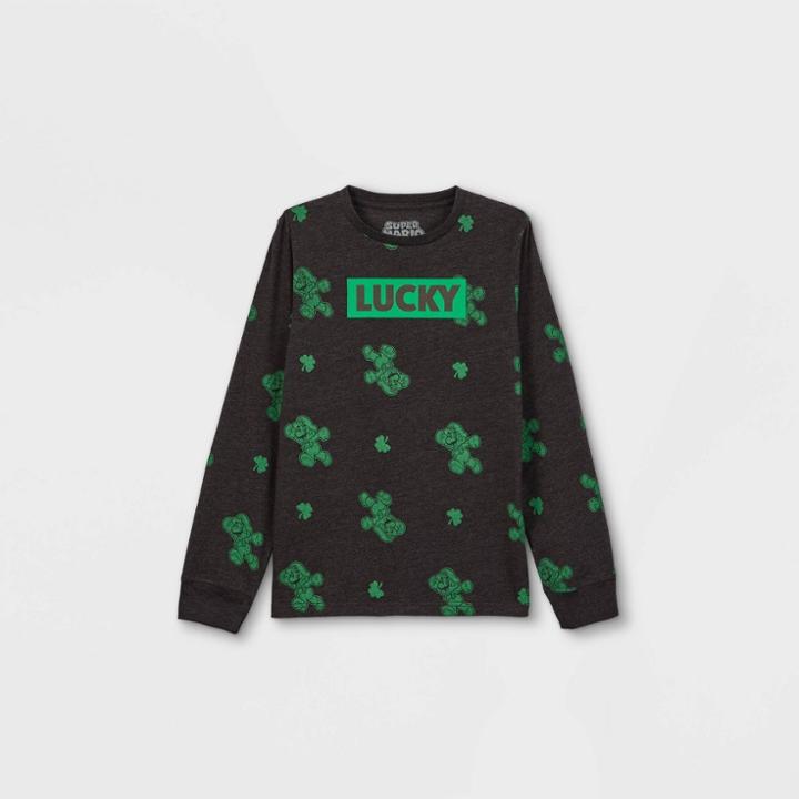 Boys' Nintendo St. Patty's Super Mario 'lucky' Long Sleeve Graphic T-shirt - Black