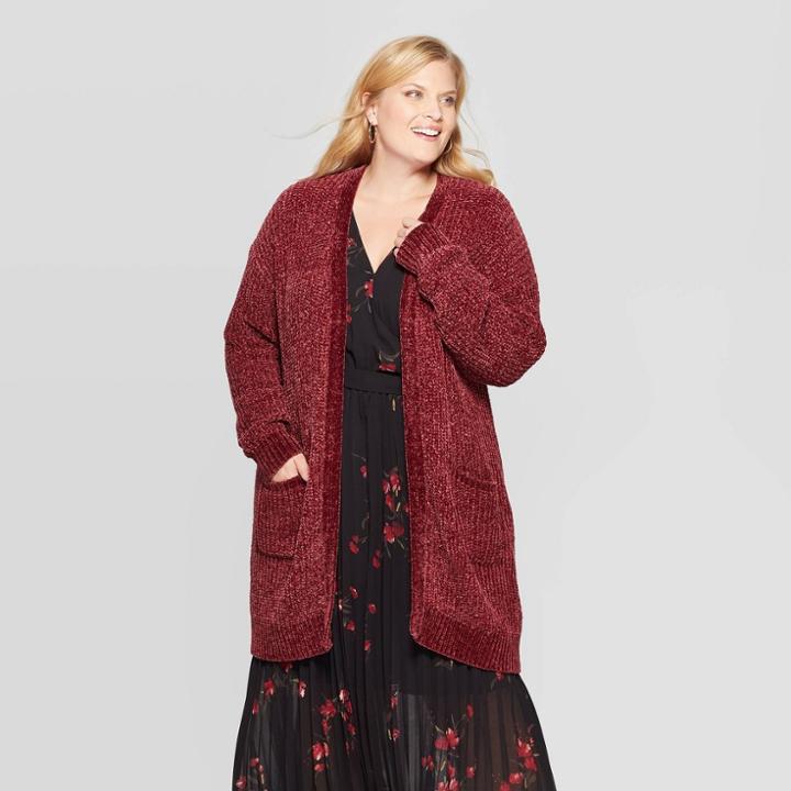 Women's Plus Size Long Sleeve Open Layering Chenille Cardigan - Ava & Viv Burgundy X, Red