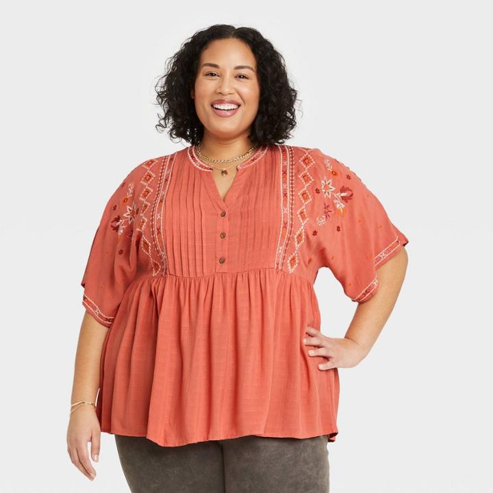 Women's Plus Size Flutter Short Sleeve Pintuck Embroidered Henley Shirt - Knox Rose Copper
