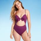 Women's Light Lift Ribbed Tie-front Cut Out One Piece Swimsuit - Shade & Shore Berry