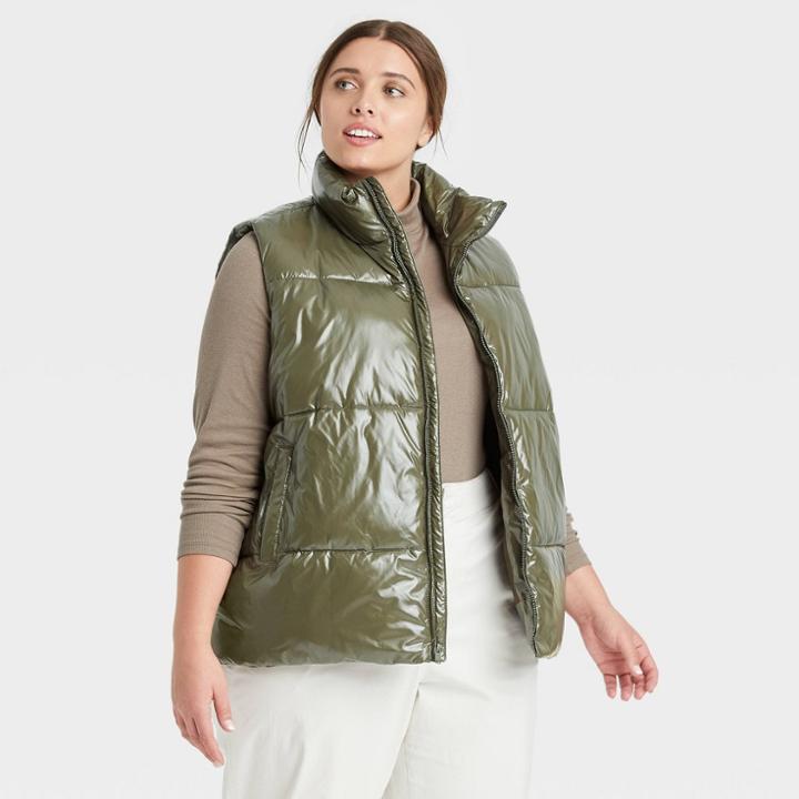 Women's Plus Size Puffer Vest - A New Day Green