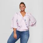 Women's Plus Size Floral Print Wrap Front Short Sleeve Top - Ava & Viv Purple