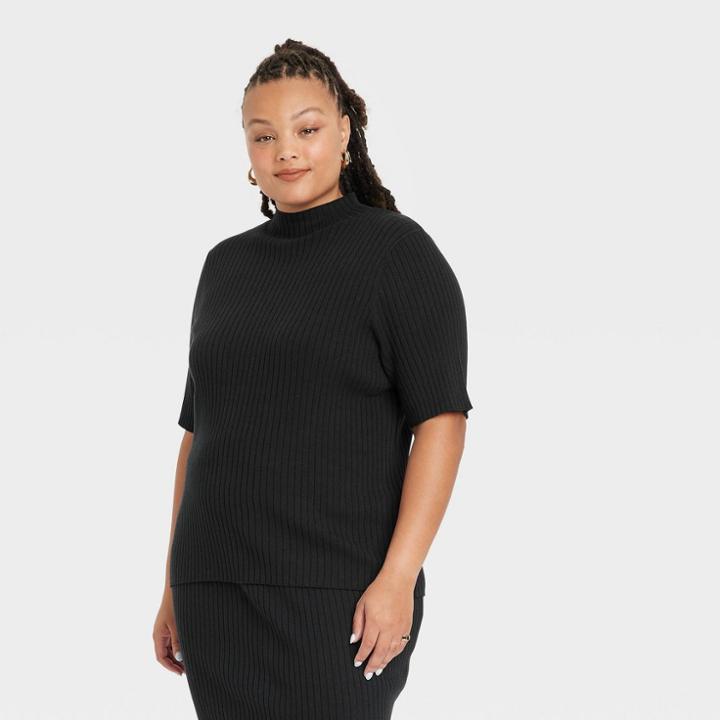 Women's Plus Size Mock Turtleneck Ribbed Pullover Sweater - Ava & Viv Black