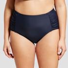 Surfside Women's Plus Size High Waist Ruched Bikini Bottom - Navy (blue)