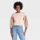 Women's Long Sleeve Round Neck Eyelet Top - A New Day Beige