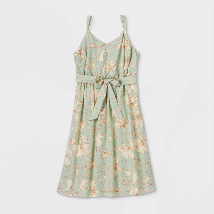 Women's Plus Size Floral Print Tie Waist Midi Tank Dress - Ava & Viv Green 1x, Women's,