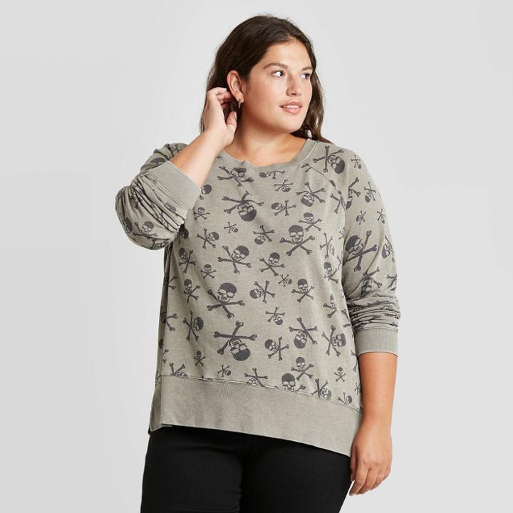 Grayson Threads Women's Plus Size Halloween Skull Pullover Sweatshirt - Green