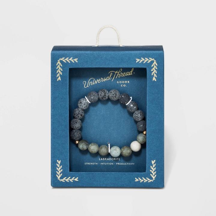 Semi-precious Stone Zebra Jasper, Labradorite And Lava Beaded In Worn Gold Aromatherapy Stretch Bracelet - Universal Thread Gray, Women's,