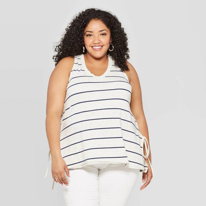 Women's Plus Size Striped Sleeveless V-neck Side Tie Tank Top - Universal Thread Navy