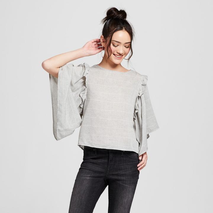 Women's Striped Short Sleeve Ruffle Detail Blouse - Grayson Threads (juniors') Gray