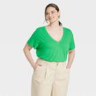 Women's Plus Size Short Sleeve V-neck T-shirt - A New Day Green