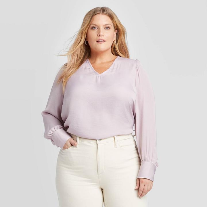 Women's Plus Size Long Sleeve V-neck Satin Blouse - Ava & Viv Lilac X, Women's, Purple