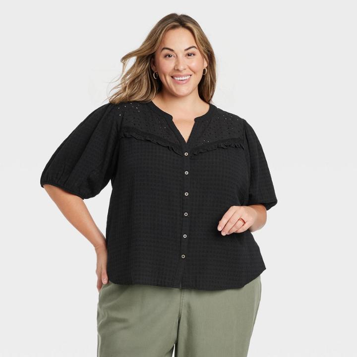 Women's Plus Size Balloon Short Sleeve Button-front Textured Top - Knox Rose Black