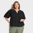 Women's Plus Size Balloon Short Sleeve Button-front Textured Top - Knox Rose Black